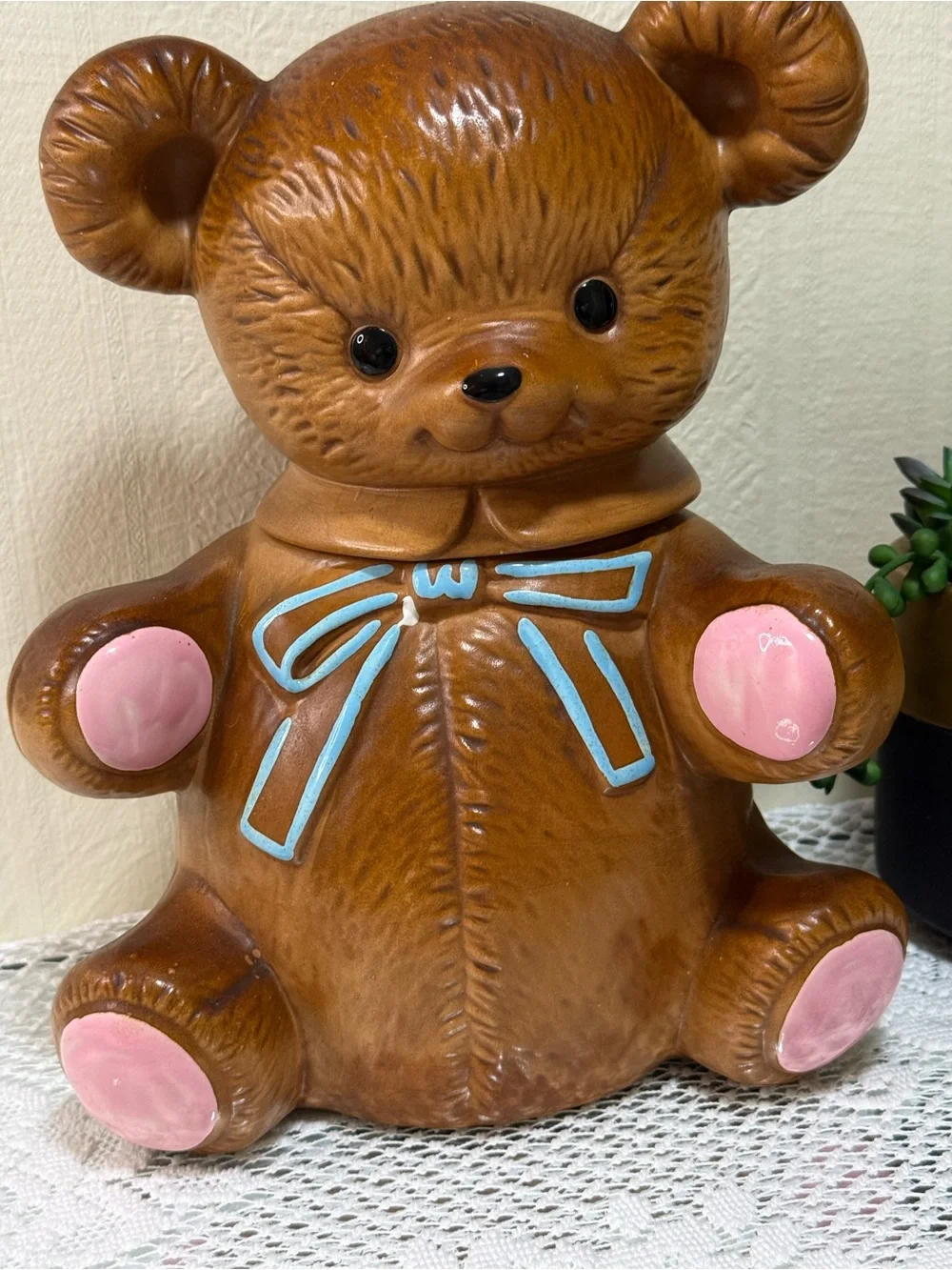 Twin Winton Ceramic Brown Teddy Bear w/Bow Cookie Jar 12